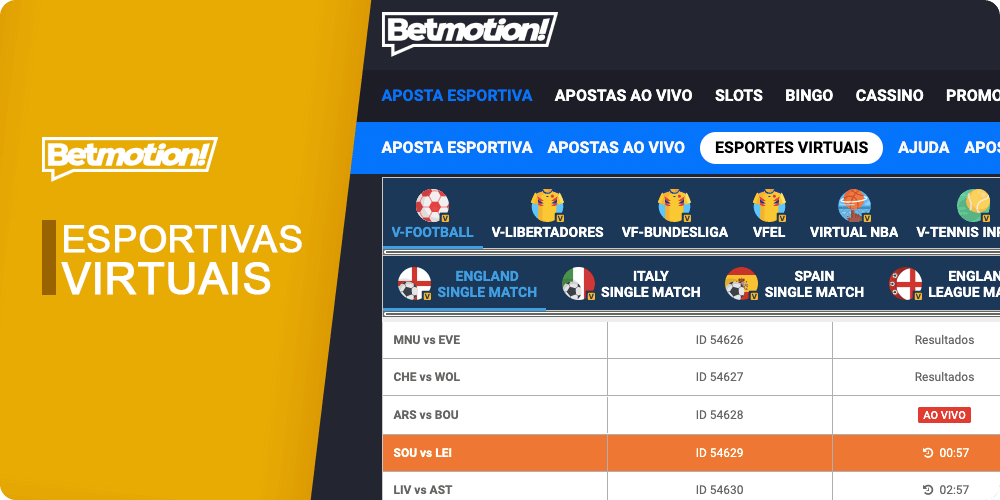 Lista de apostas esportivas virtuais no Betmotion